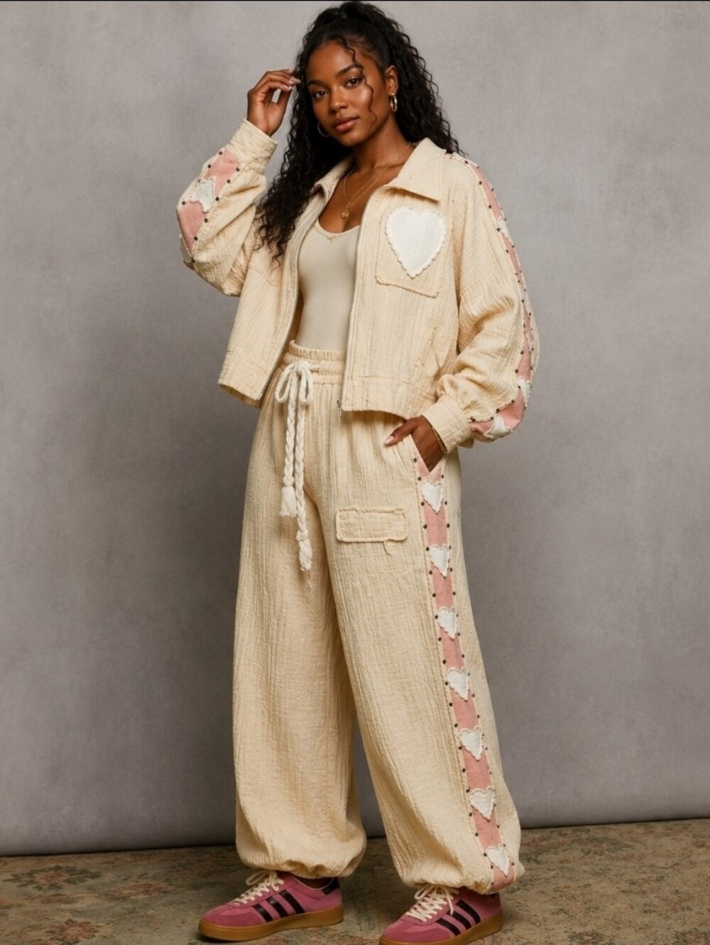 NEW!!! POL Cream and Pink Heart Patchwork Jacket and Pants Set,Sz Large
